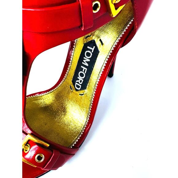 Tom Ford Red Leather Buckle T-Strap High Heel Sandals Size 37.5 - Picture 3 of 10